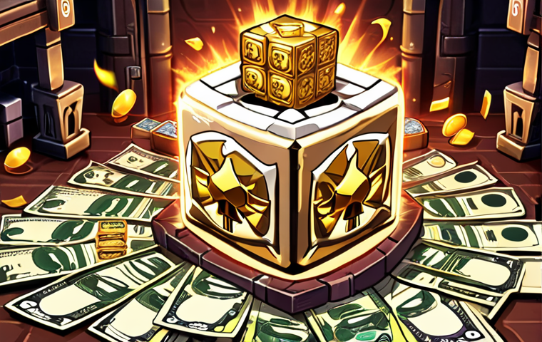 ** A MapleStory player, frustrated while cube spinning, surrounded by in-game currency (Meso) and cubes. Depict the player's internal struggle: luck vs. strategy.
**